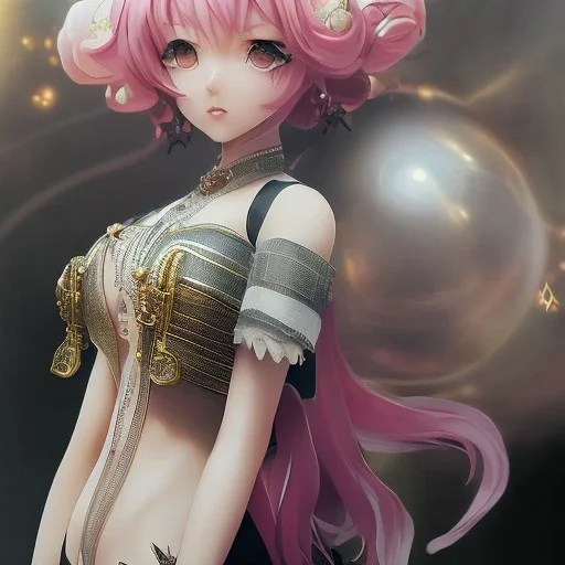 Detailed cute anime rabbit girl, pink hair buns, pink bangs, black latex bodysuit, intricate details, full body portrait, keep head in frame, slight smile, black Japanese motif, concept art, highly detailed, digital painting, concept art, sharp focus, illustration, art by Yoji Shinkawa, WLOP and greg rutkowski and alphonse mucha and artgerm and yanjun Chen and Junji ito and Makoto Shinkai, HDR, octane render