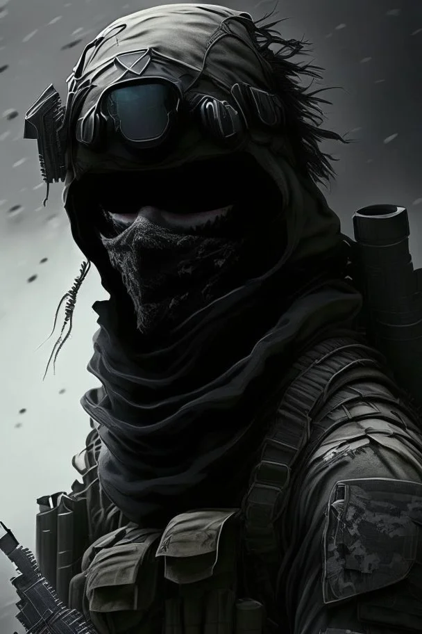 A soldier in the game modern warfare, he wears a solid black creepy helmet that covers his face. He is a sniper, but can also run point. His call sign is Wraith. With him is a woman