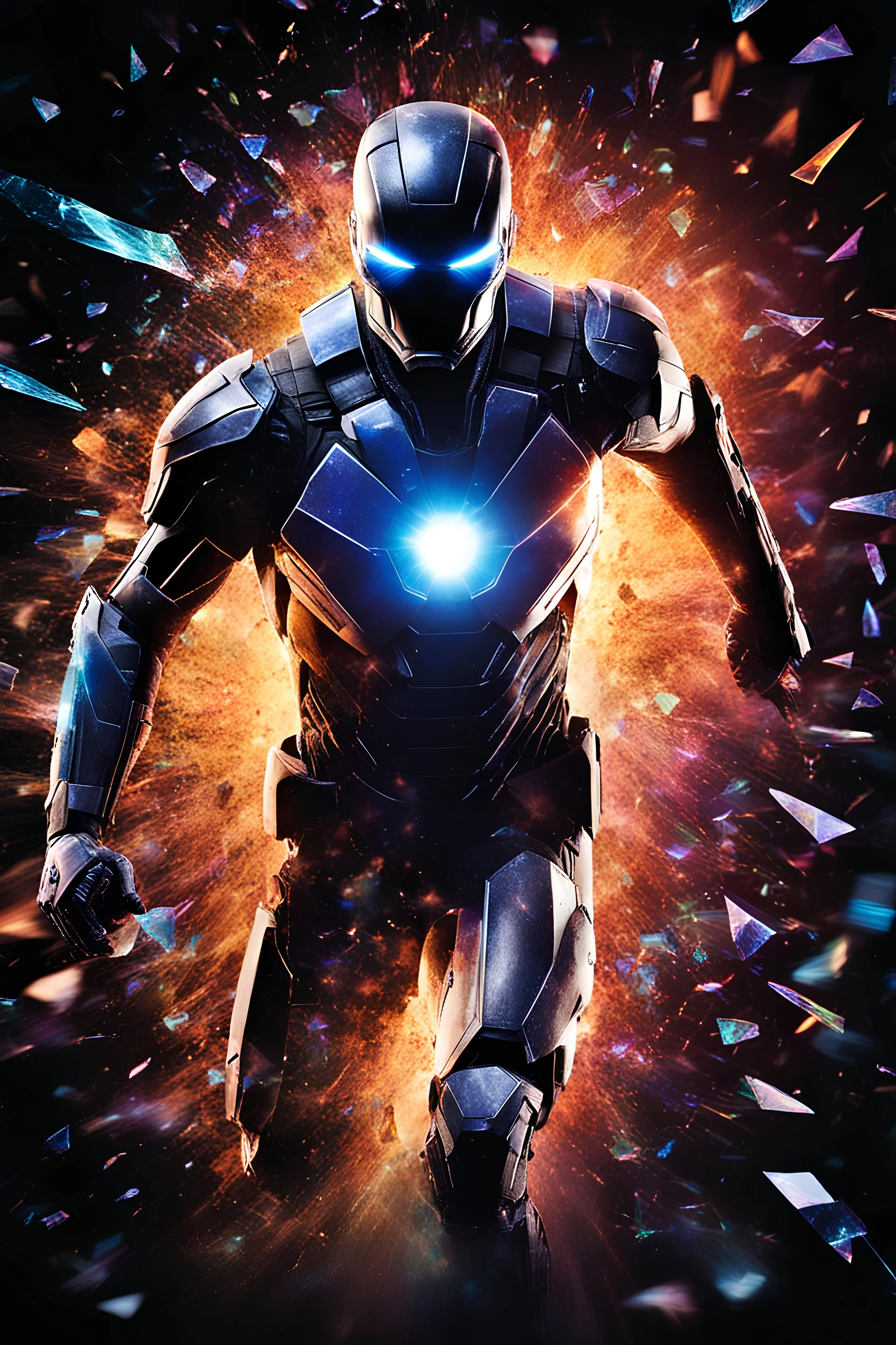 Tom Cruise - pitch-black background with a blue glowing overhead spotlight effect, multicolored shards of broken glass, prism effect, mosaic effect, time travel, space voyages, superheroes, moving really fast