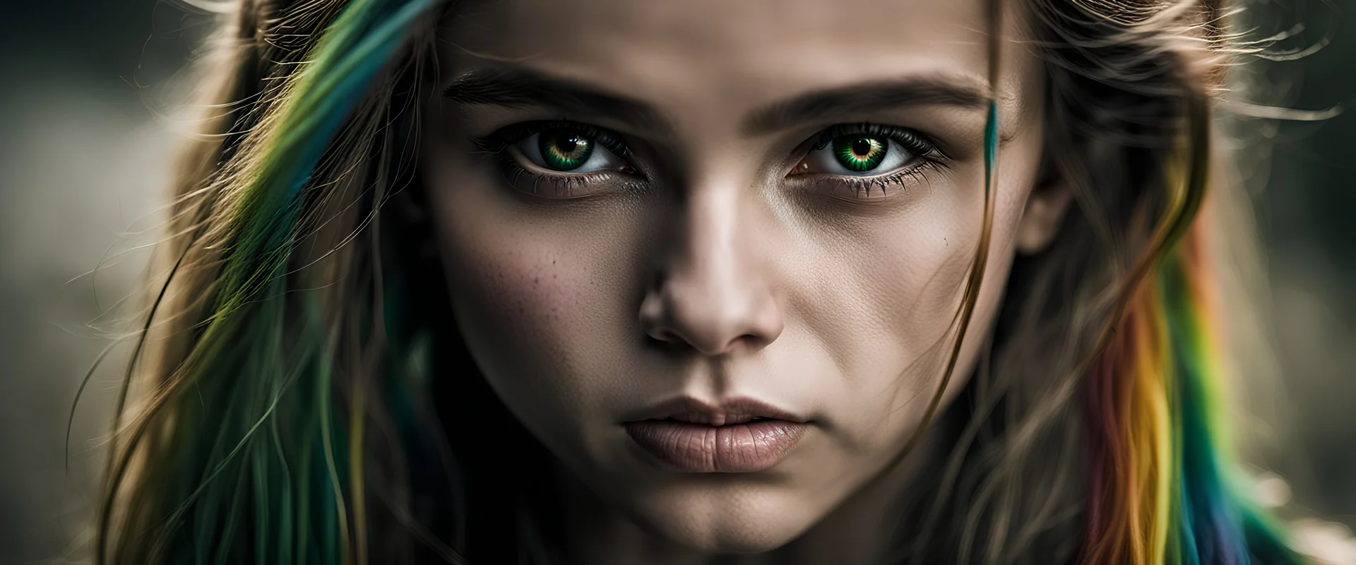 Photoreal gorgeous shot of beautiful young girl with one gold and one green eye, warrior, strong, sad, resilient, vivid vertical rainbow on left side forehead, long black tears below both eyes, forgotten realms fantasy style by lee jeffries, otherworldly creature, in the style of fantasy movies, shot on Hasselblad h6d-400c, zeiss prime lens, bokeh like f/0.8, tilt-shift lens, 8k, high detail, smooth render, unreal engine 5, cinema 4d, HDR, dust effect, vivid color