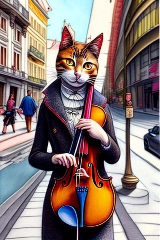 One single female cat playing violin on the street, Vienna, colours, smiling, model style, hyper realistic, extremely accurate, delicate, extremely detailed, Graphic novel style, wide-angle, open aperture, superfine pencil