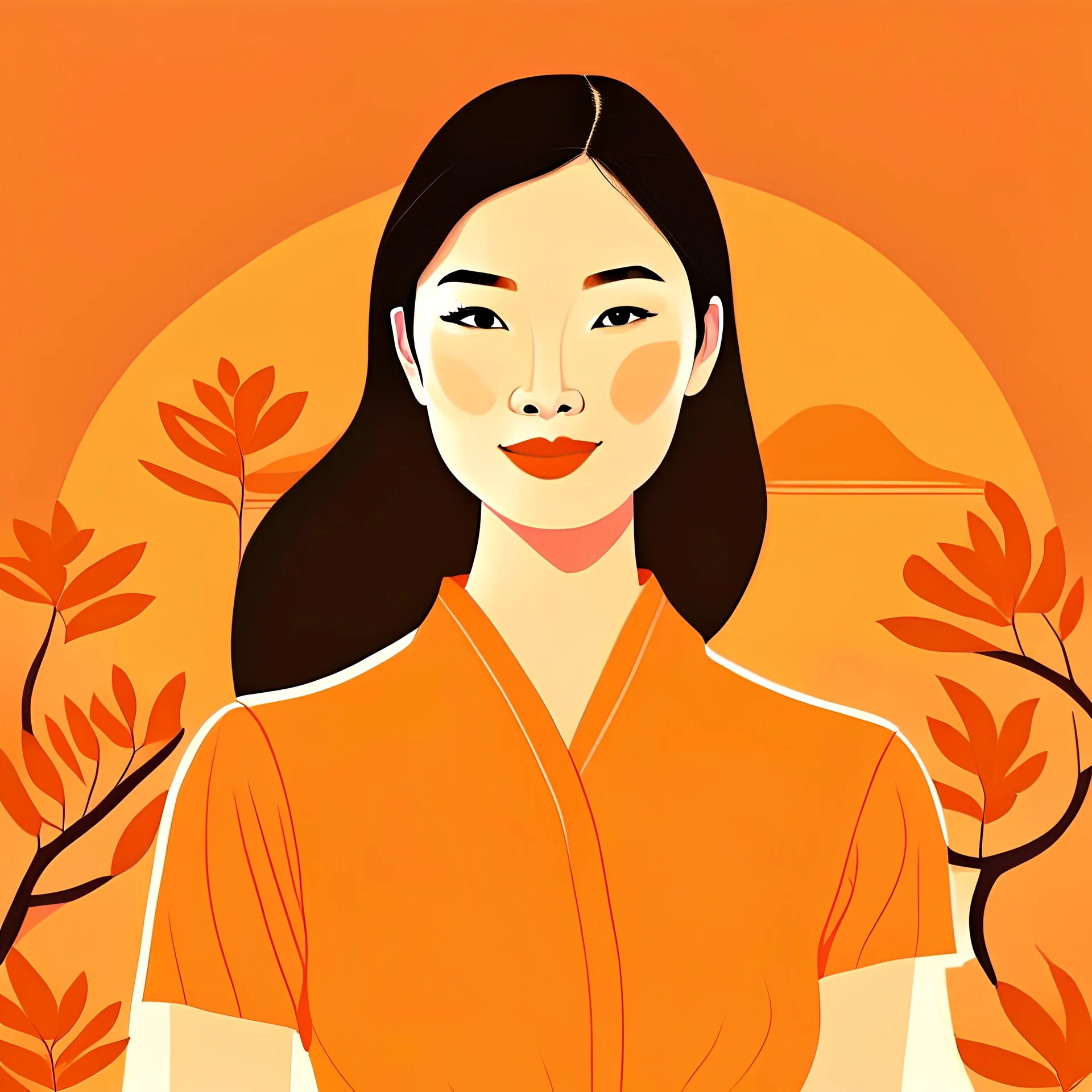 2d Illustration of a 29 year old beautiful Chinese woman, front view, flat orange background