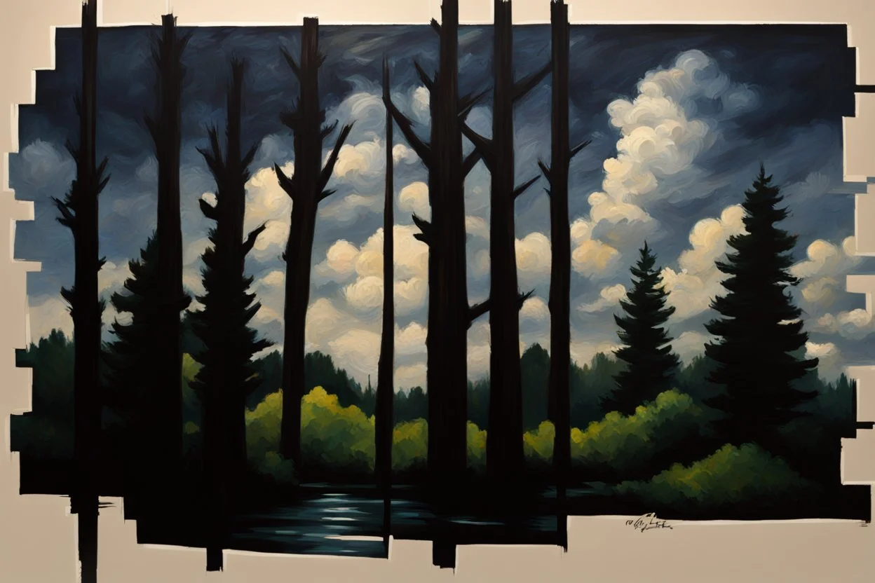 Trees, night, clouds, 2000's sci-fi movies influence, auguste oleffe impressionism painting