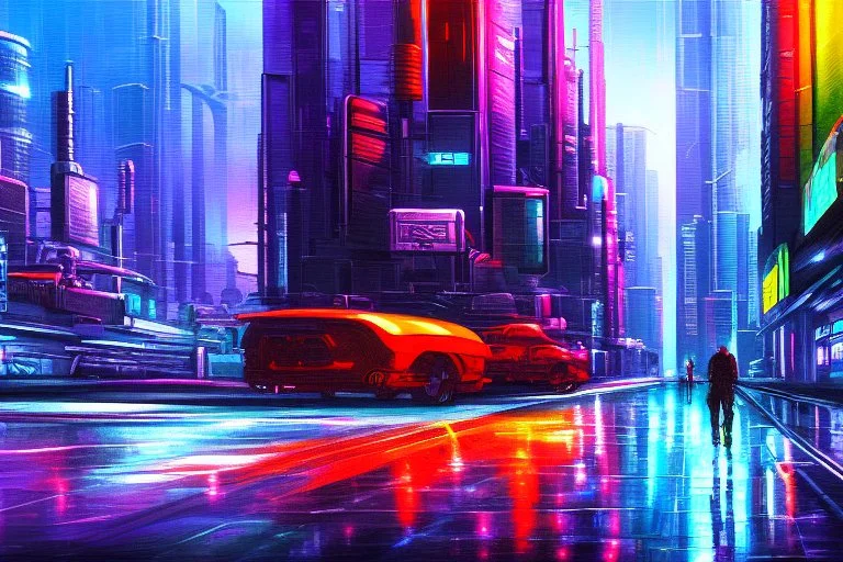 Futuristic cyberpunk street foreground, impressionism painting