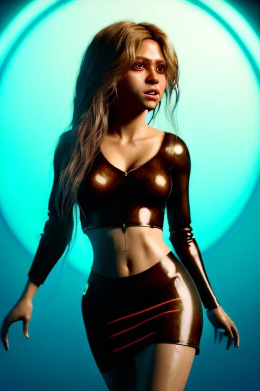 waist up portrait, Shakira, artist, Realistic image, latex style dress. loose long hair, eyes make up, perfect, glow, circle iris. Neon colors, leds, geometric shapes. Dark background, photo studio, neon lights. Cyberpunk, concept art, smooth, unreal engine 5, god lights, ray tracing, RTX, lumen lighting, ultra detail, volumetric lighting, 3d, finely drawn, high definition, 4k.