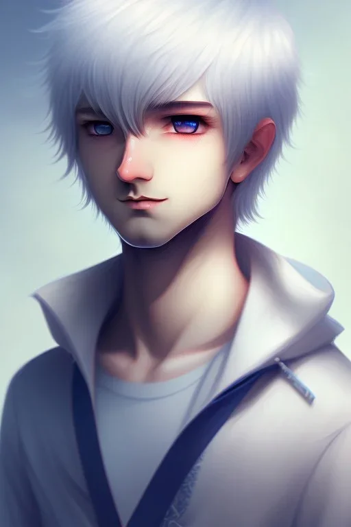 Shota, cute, portrait, white hair, blue eyes, shy