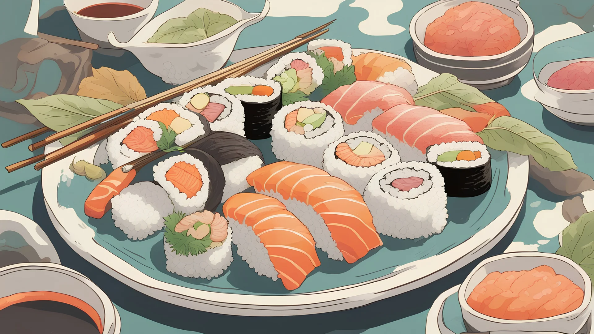 "An image of a sushi dish ready for serving, showcasing its vibrant colors and diverse ingredients. The details of the rice, fish, and vegetables are portrayed realistically, making you feel as if you're dining in an upscale Japanese restaurant. The harmonious blend of colors creates an artistic masterpiece worthy of savoring."