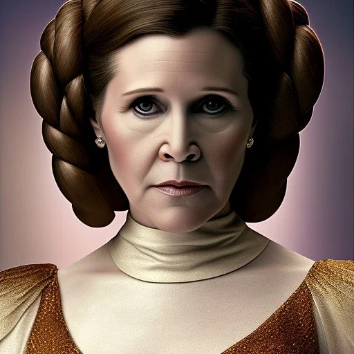 zoomed out stunning photo realistic portrait of carrie fisher as Princess Leia in star wars with photo realistic fine and simple hairstyle, brown eyes, macro lens blur, eos5d mark 4, ef 85mm 5.6, professional majestic photo realistic painting by Ed Blinkey, Atey Ghailan, by Jeremy Mann, Greg Manchess, Antonio Moro, trending on ArtStation, Intricate, High Detail, Sharp focus, dramatic, by greg rutkowski, realism, beautiful and detailed lighting,