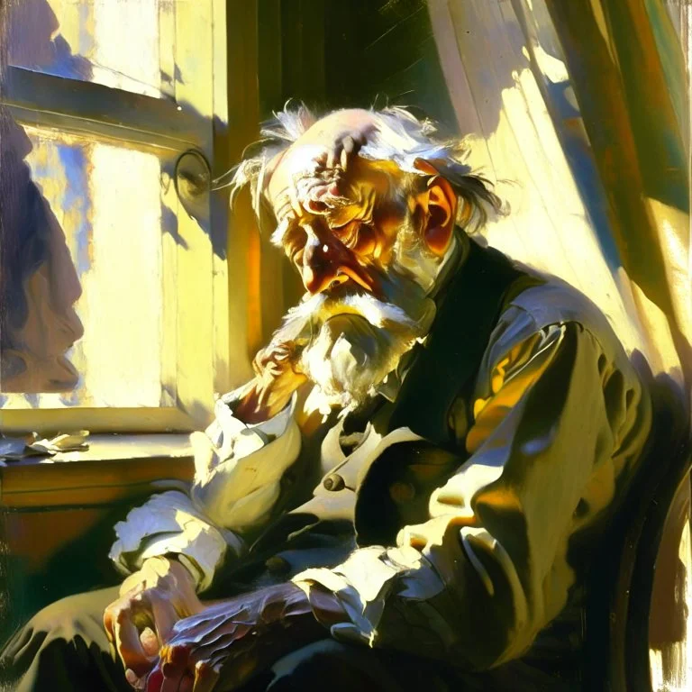 Realistic oil painting, featuring an old man with a kind face sitting in an armchair by a window, sunlight streaming in through the curtains, intricate details on the wrinkles of his face and hands, by John Singer Sargent or Edgar Degas.