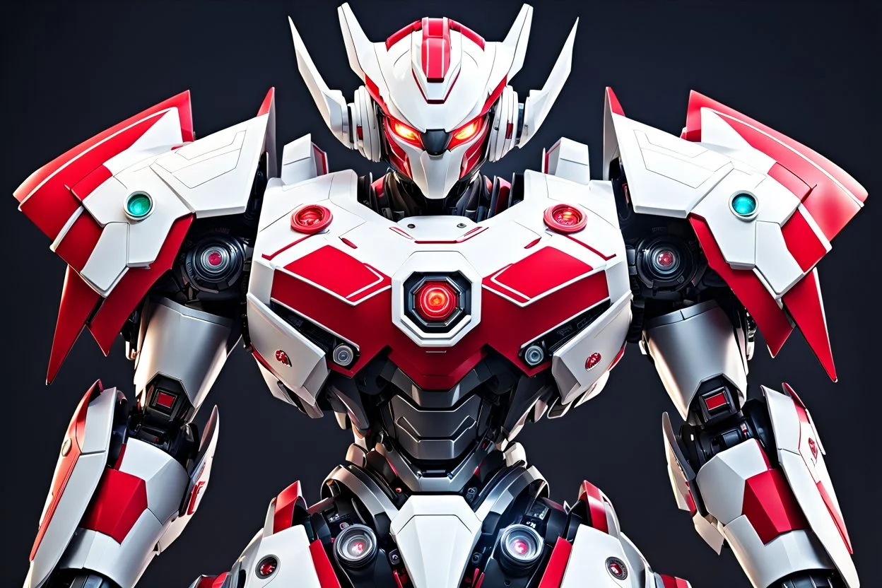 big robot with red and white color schemes, in the style of fairy academia, hard-edge style, agfa vista, dynamic pose, oshare kei, hurufiyya, rtx, close picture, intricate details, highly detailed, high details, detailed portrait, masterpiece,ultra detailed, ultra quality