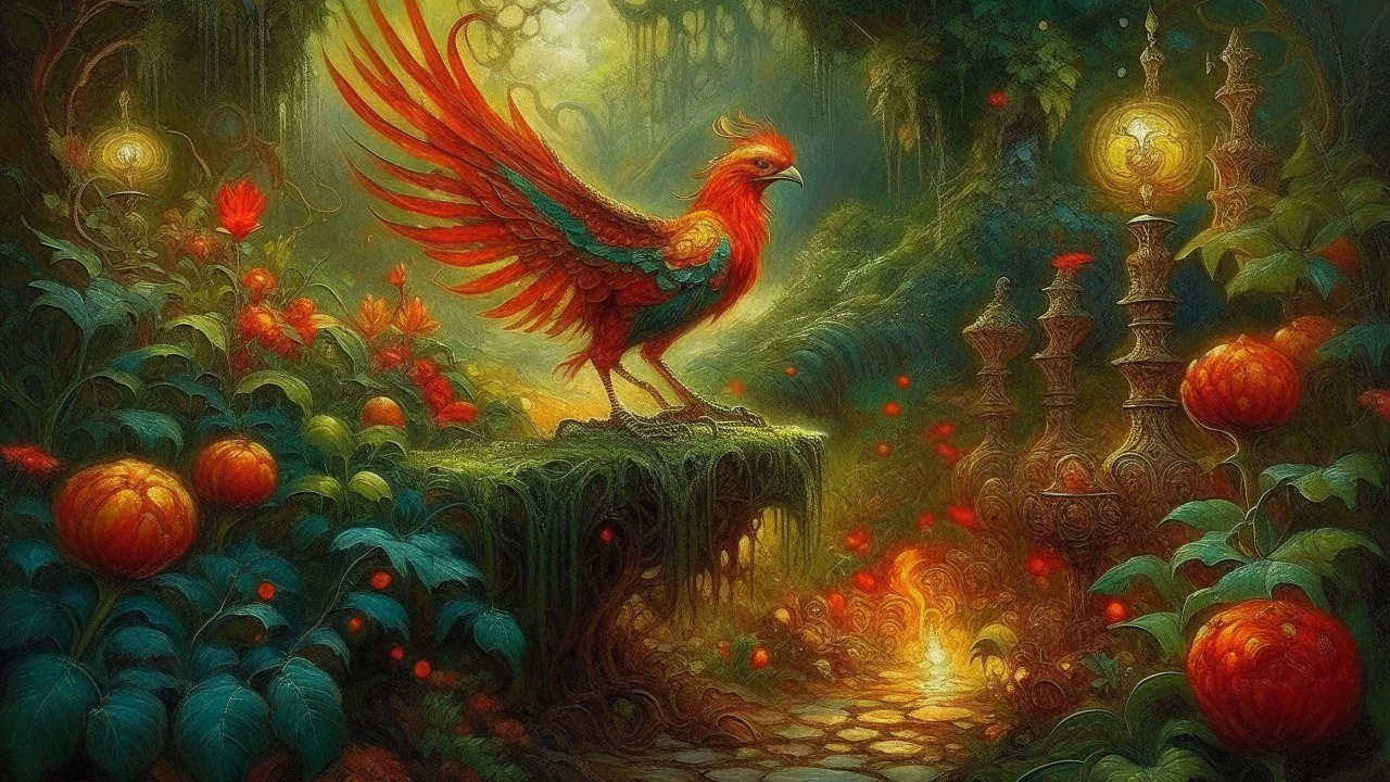 Slavic mythology enchanting garden with lush greenery and beautiful stone winding paths, with small tiny lanterns in the trees. Depict only one creature the Firebird. The body of the Firebird is adorned with feathers of vibrant red, orange, and gold, each one glowing with an otherworldly brilliance.