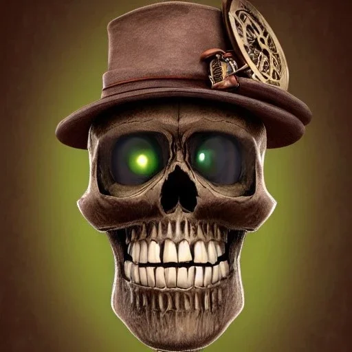 pixar cartoon grumpy skull with intricate steampunk hat, full shot, confused eyes, realistic eyes, beautiful perfect symmetrical face, extremely detailed, ultra hd, hdr, 8k, cinematic, dramatic lighting, Stanley Artgerm Lau style, beautifully color-coded,studio Portrait Lighting, illuminated face, golfers hat, hair sticking out of hat, plain black background, no gradient color