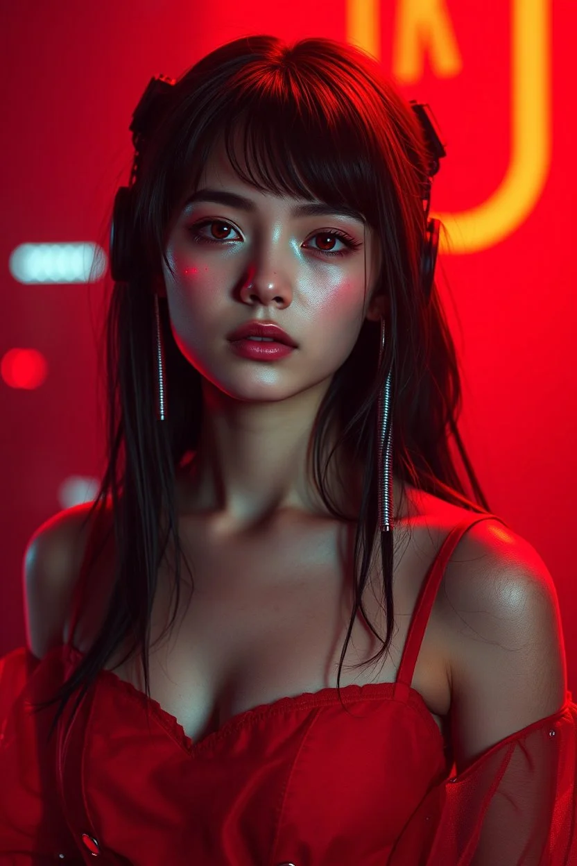 A cyberpunk portrait of beautiful young girl with red dress with a red light reflecting in their cybernetic enhancements.red background all are red