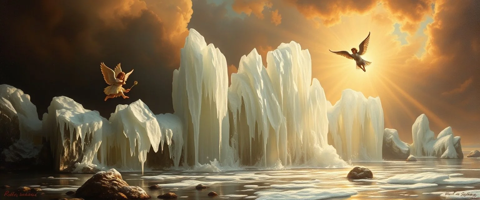 master oil painting by Rembrandt,ice fountain of air water angels singing, display of god rays over blessed earth