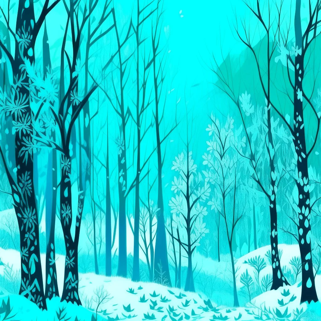 A cyan wintery forest with falling snowflakes designed in German folk art painted by Andy Warhol