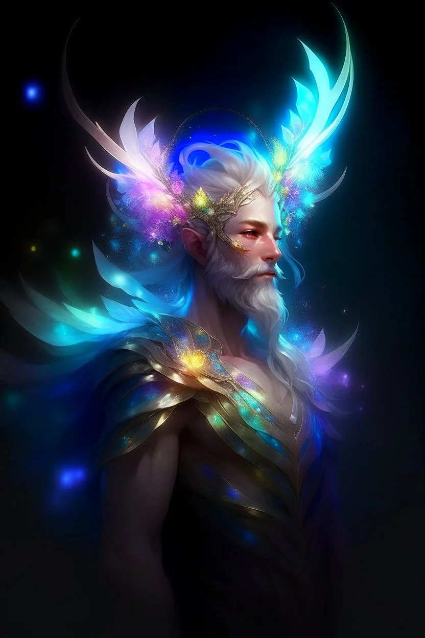 prismatic hair ethereal transparent prism astral projection Eladrin Male antlers druid beard sparkling radiance prismatic shining starlight enshrouded radiance moth