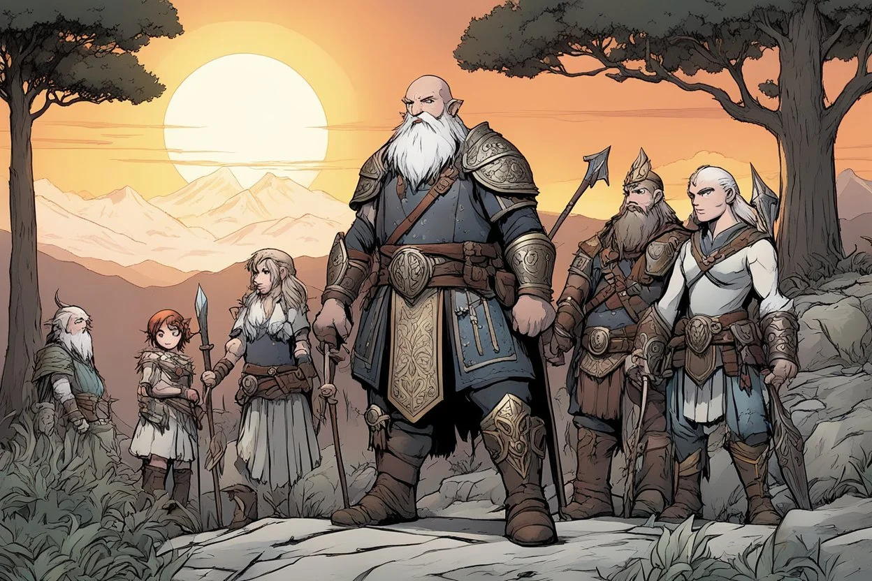[comics Andrew MacLean style] At the crest of the hill, under the watchful gaze of the setting sun, a motley crew of courageous souls stands assembled. The short bald dwarf healer, his weathered features etched with ancient knowledge, surveys the group with a keen eye. Beside him, the female Elf radiates an aura of forest magic, her eyes alight with the wisdom of the natural world. Opposite the Elf, the female thief from the dark city moves with a grace born of shadows, her pres