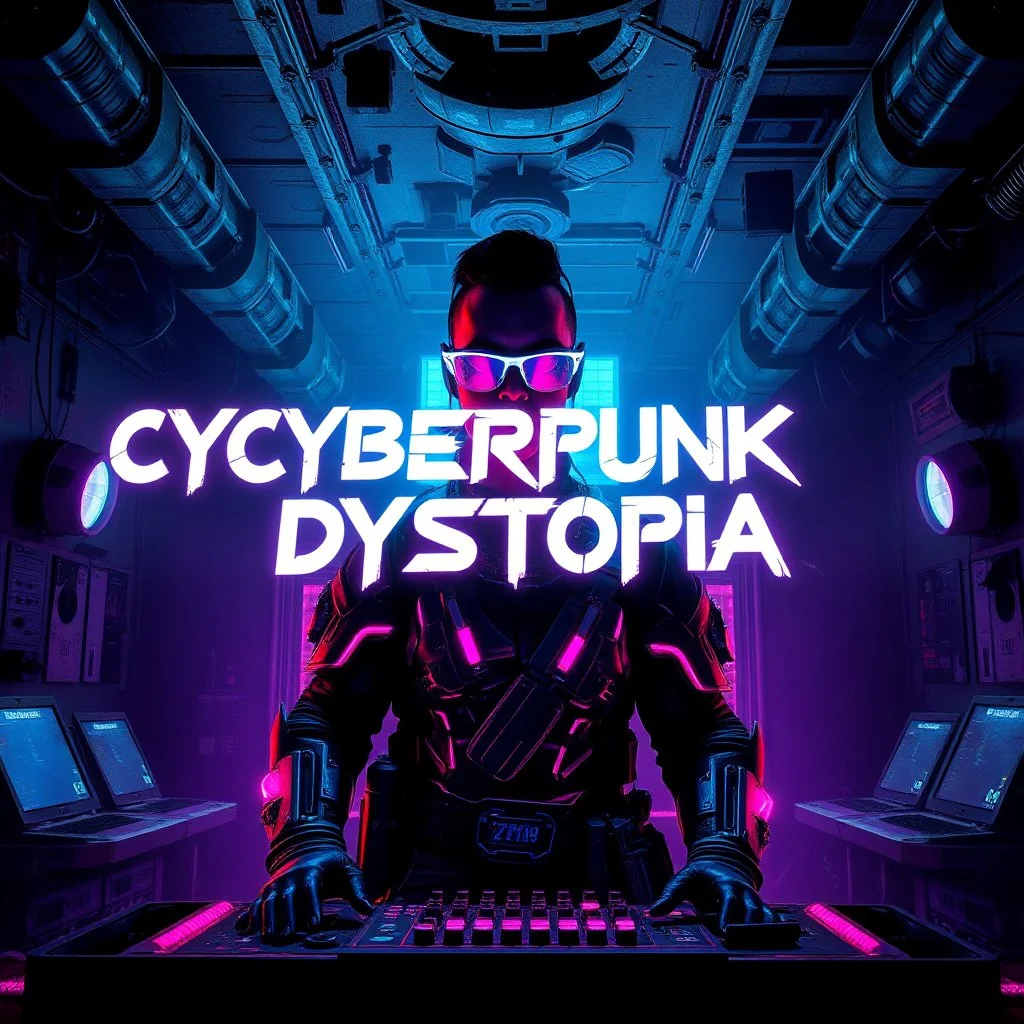 An Electronic Music Album Cover, With "CYBERPUNK DYSTOPIA" Written on it with broken futuristic font with a neon glow on the font; with a Warrior DJ standing inside a abandoned nightclub wearing neon glasses & futuristic armour, giving apocalyptic vibes showing dramatic and cinematic ambiance.