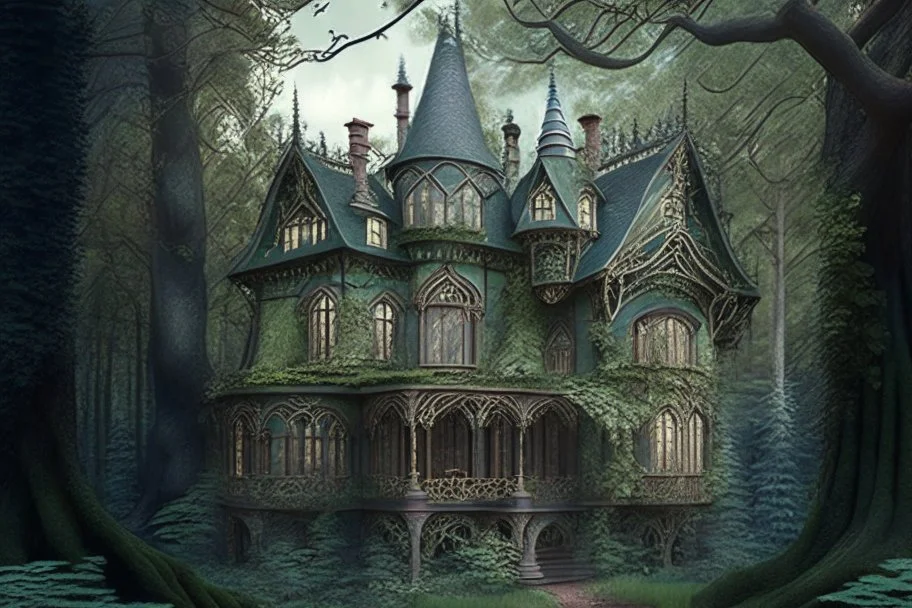 victorian fantasy house surrounded by forest