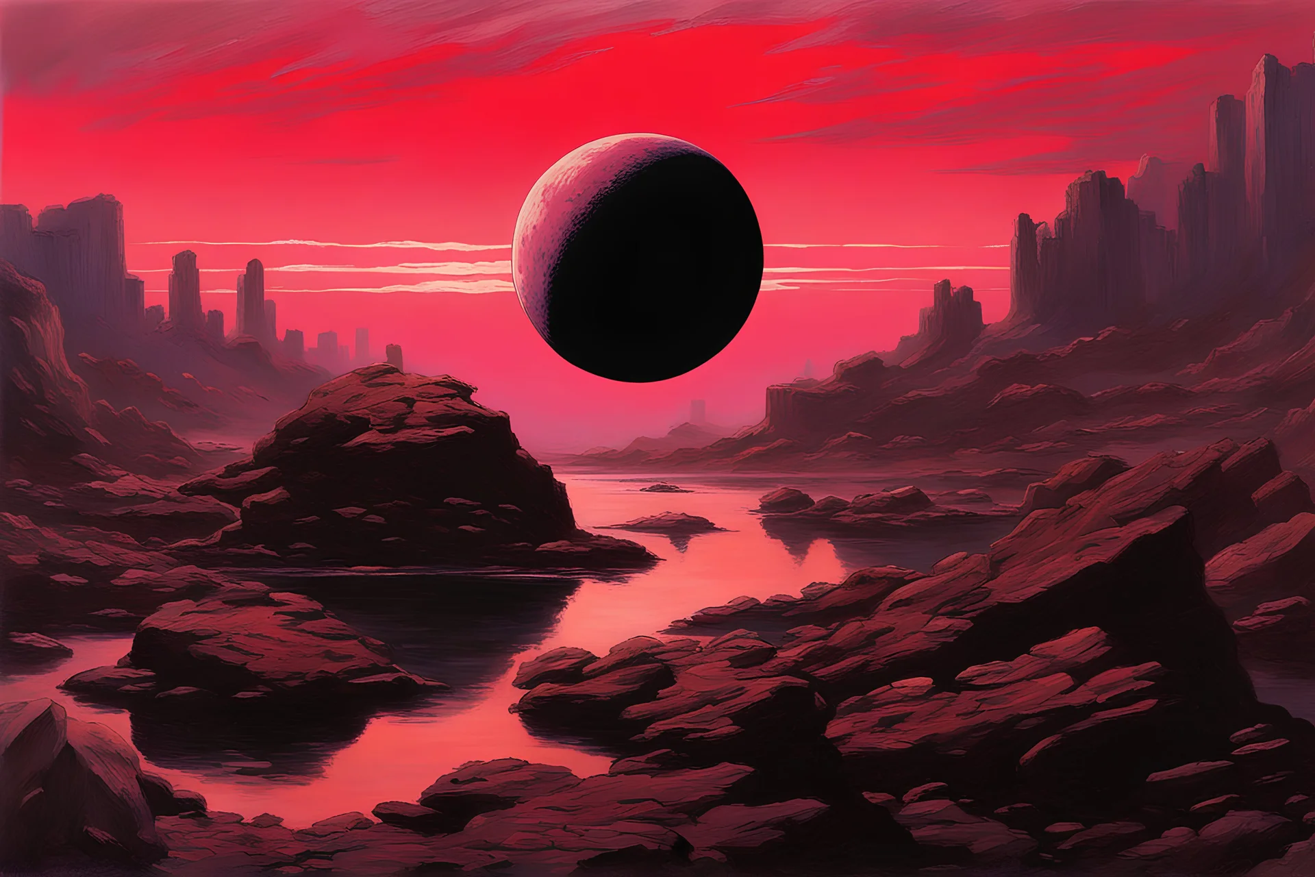 Pale red sky with one exoplanet in the horizon, rocks, mountains, 80's sci-fi movies influence, rodolphe wytsman and claude monet impressionism paintings