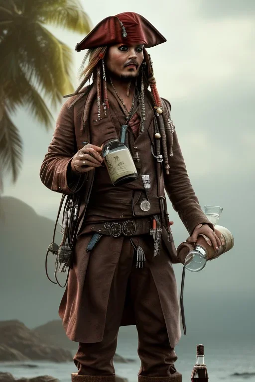 jack sparrow holding a bottle of rum, cinematic, detailed, HD, detailed , sharp