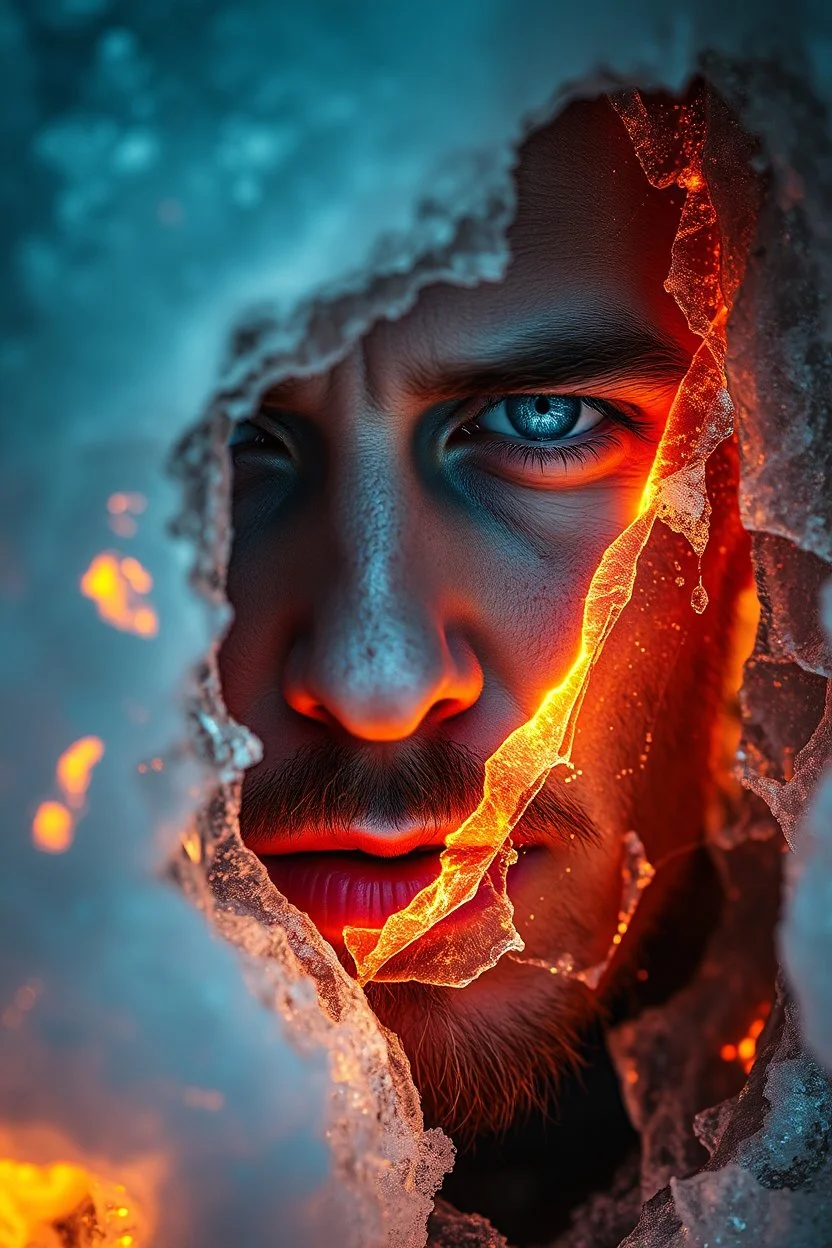 A hyper-realistic cinematic portrait of a man’s face partially frozen inside a thick layer of cracked ice, glowing embers and golden sparks embedded within the icy surface. His piercing blue eyes shine through the frost, reflecting cold intensity, while delicate shards of frost and crystallized textures spread across his skin. The atmosphere mixes frozen blues and fiery oranges, symbolizing the clash of ice and fire. Ultra-detailed textures, dramatic lighting, shallow depth of field, 8K resoluti