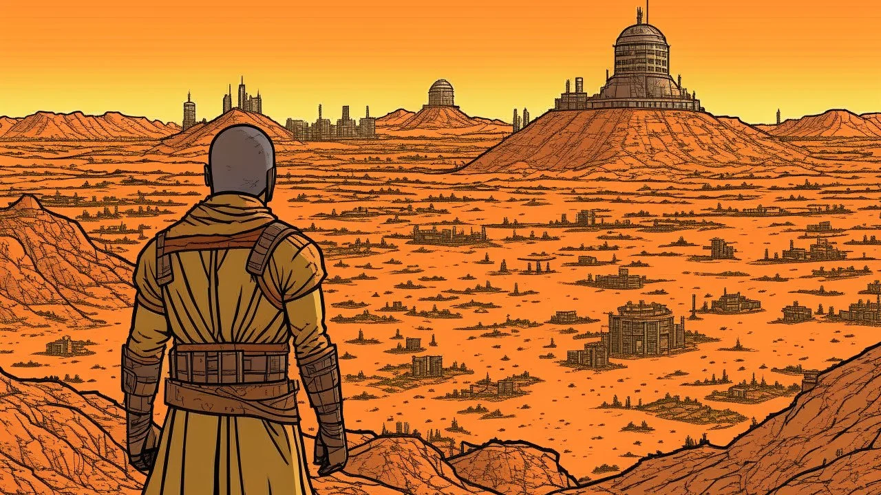 Desert warrior from behind looking at a city in the distance, comic style