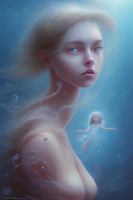 Oil painting the girl in the depths of the sea and the man in the sky and the girl looks at him and meditates