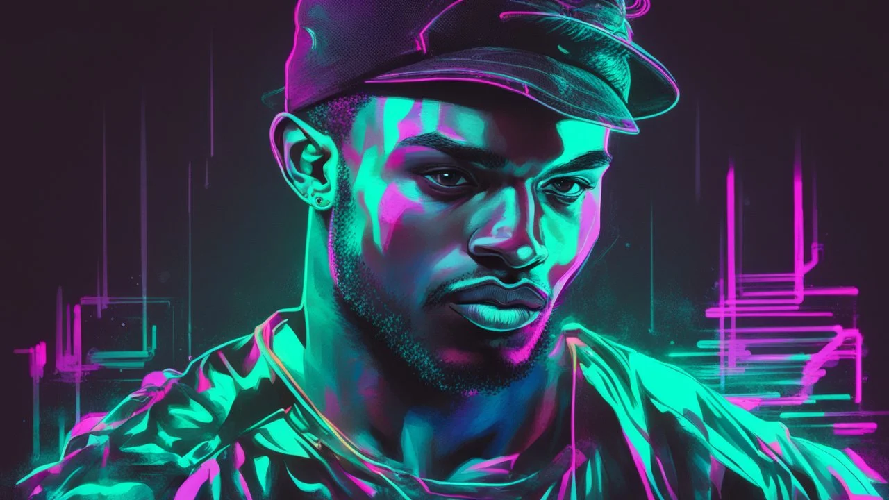 Hyper Realistic Glitched Sketch of Muscular Handsome Male Hip Hop Artist on a neon paper with dark futuristic background