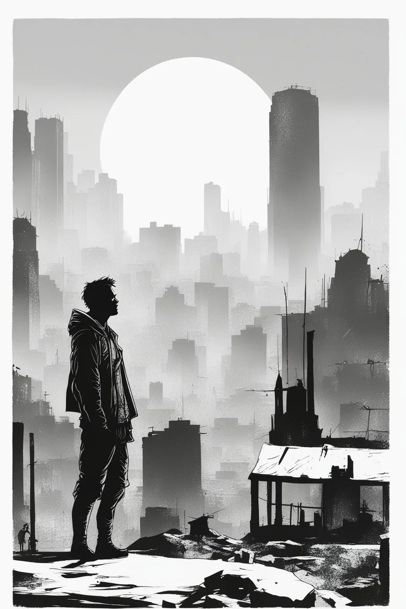 man, standing, silhouette, comic book,post-apocalypse, white background,