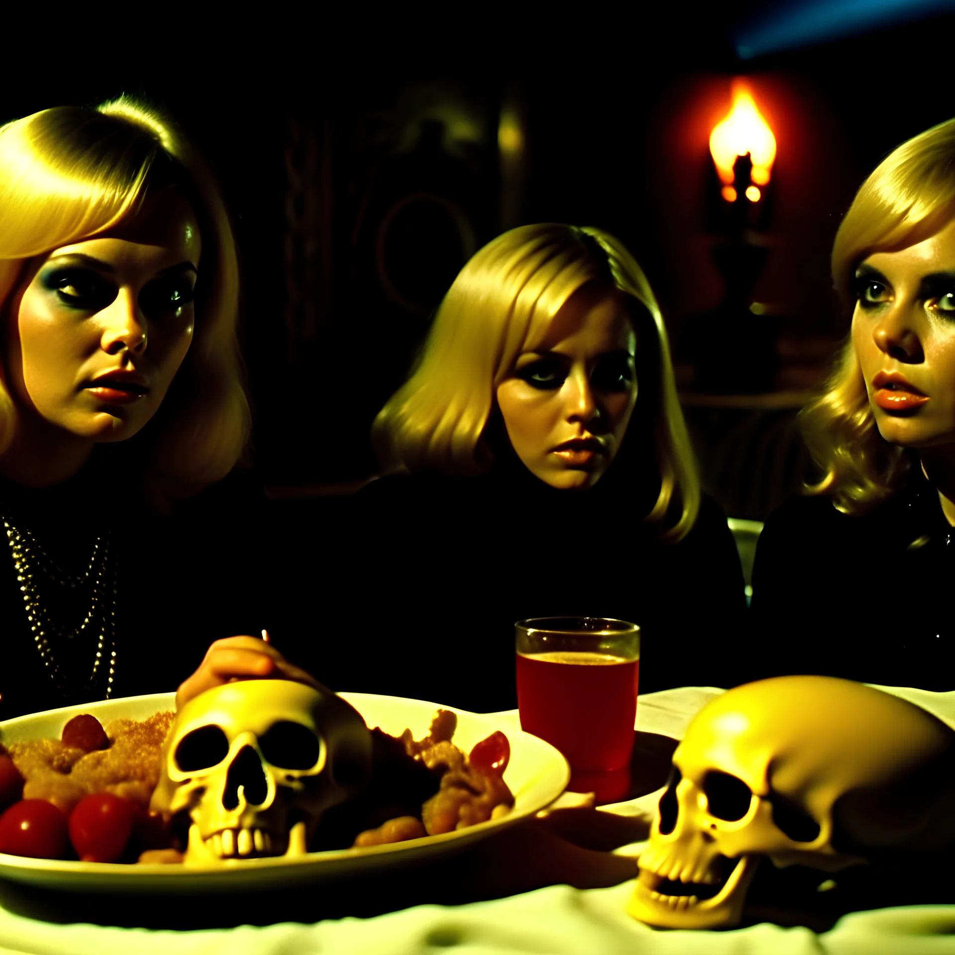 Horror movie shot, hot skulls, breest, die, ultra realistic, dine, pastel, ultra chaos, fetus, drink, sublime, realistic hot blonde women, pieces of meat, De Chirico, satanism, pieces of organs, light, 1970's Italian horror movie, sinister, ornate, Dario Argento, dadaism, 4k, photorealism