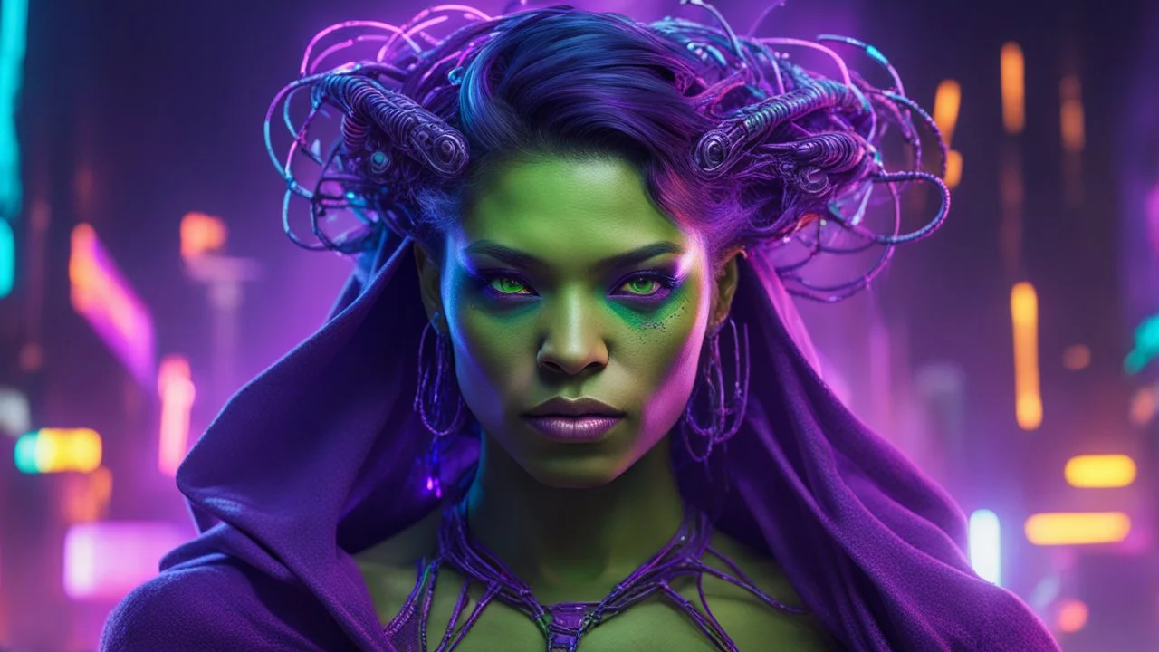 realistic portrait of miss hulk A radiant and ethereal cyberpunk girl shrouded in vibrant veils, her form intertwined with luminescent crabs composed of violet light and smoky purple hues. She is adorned with futuristic neon wires and intricate cyberpunk jewelry, her translucent layers billowing in an unseen breeze, casting a surreal, dynamic glow against the backdrop of a gritty, neon-lit metropolis.