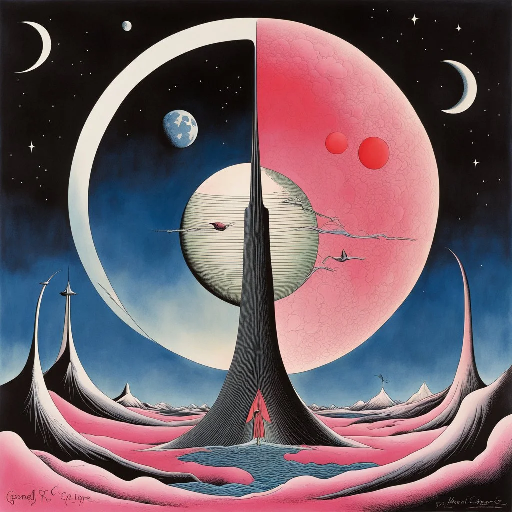 Surreal sneaky lunatic lunar eclipse, Style by Gerald Scarfe and Alan Kenny and Max Bill, sinister surreal masterpiece, text "PINK FLOYD", Album art, color ink illustration, dark colors, smooth, by Gerald Scarfe