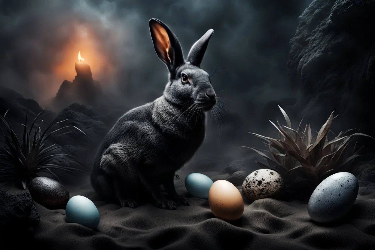 dark fantasy land with mystic, fog, deep cloros, burning landscape with mist, dark fantasy plants, silver and onix crystal eggs lying in sand, pale lights, rocks, weird surreal big dark rabbit-bird mutants, dark fantasy mood, sureal, high quality, high contrast, cinematic, atmospheric, weird mood