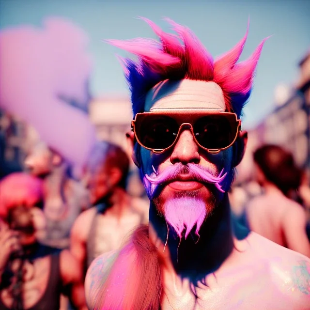 Ultra Realistic photo, medium shot view, drunken dancer strong naked man, carnival scene, monster hair, steampunk. Pink hair, confeti, Sunglasses, smoking, happy, festival, red fog. highly detailed, concept art, unreal engine 5, ray tracing, RTX, lumen lighting, ultra detail, volumetric lighting, 3d, finely drawn, high definition, high resolution.