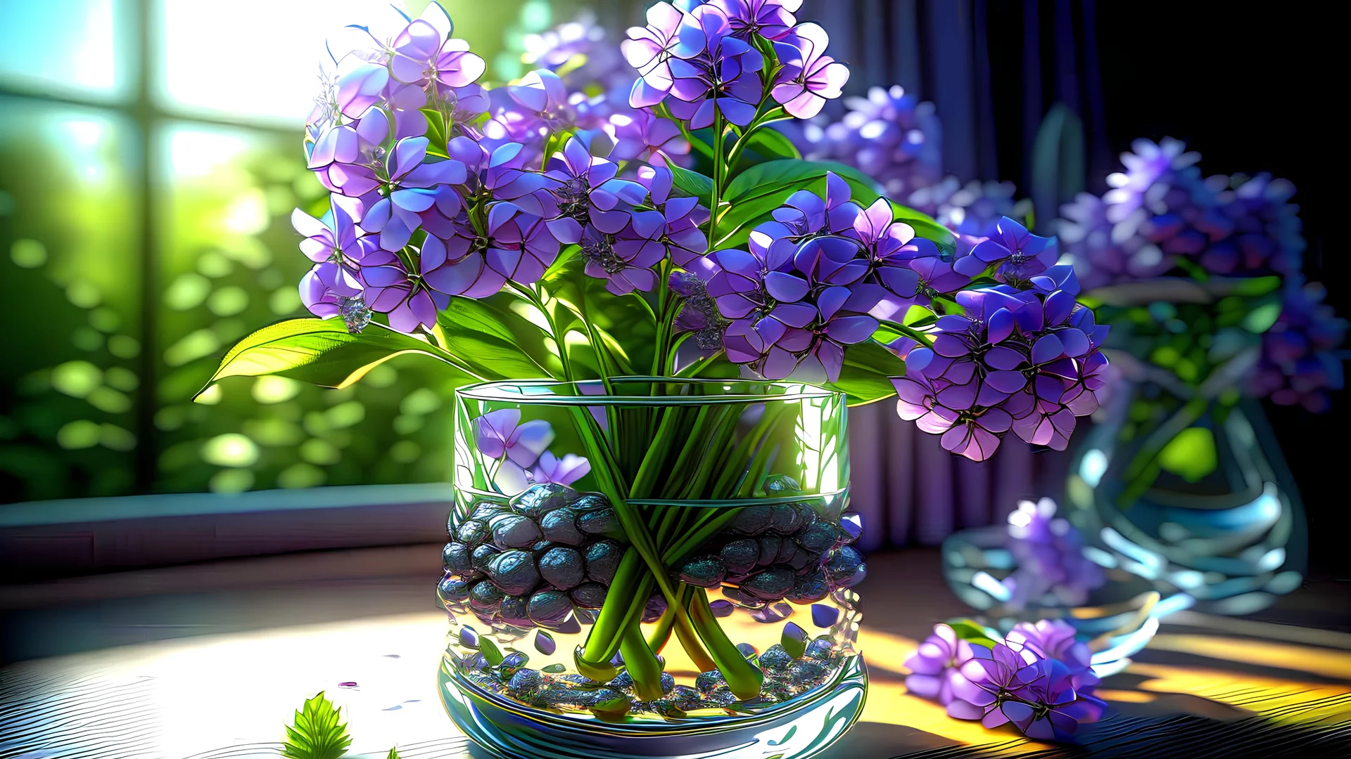 Surreal lilac glass flowers, ultra detailed, ultra realistic, extremely realistic, intricate, photorealistic, epic composition, masterpiece, beautiful landscape, sunlight