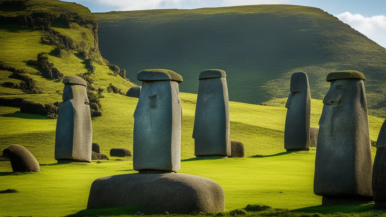 calm beauty, fantasy, magic, splendor, uplifting, inspiring, therapeutic, Easter Island stone statues with faces, springtime, sunlight, chiaroscuro, color, award-winning colour photograph, Nikon 135mm