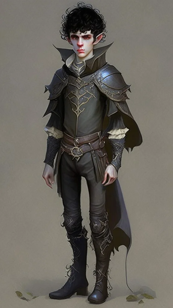 boy elf,he has curly, black hair and sharp cheekbones. His eyes are black. He wears fantasy medieval clothes. he is lean and tall, with pale skin, full body with boots, side view full body