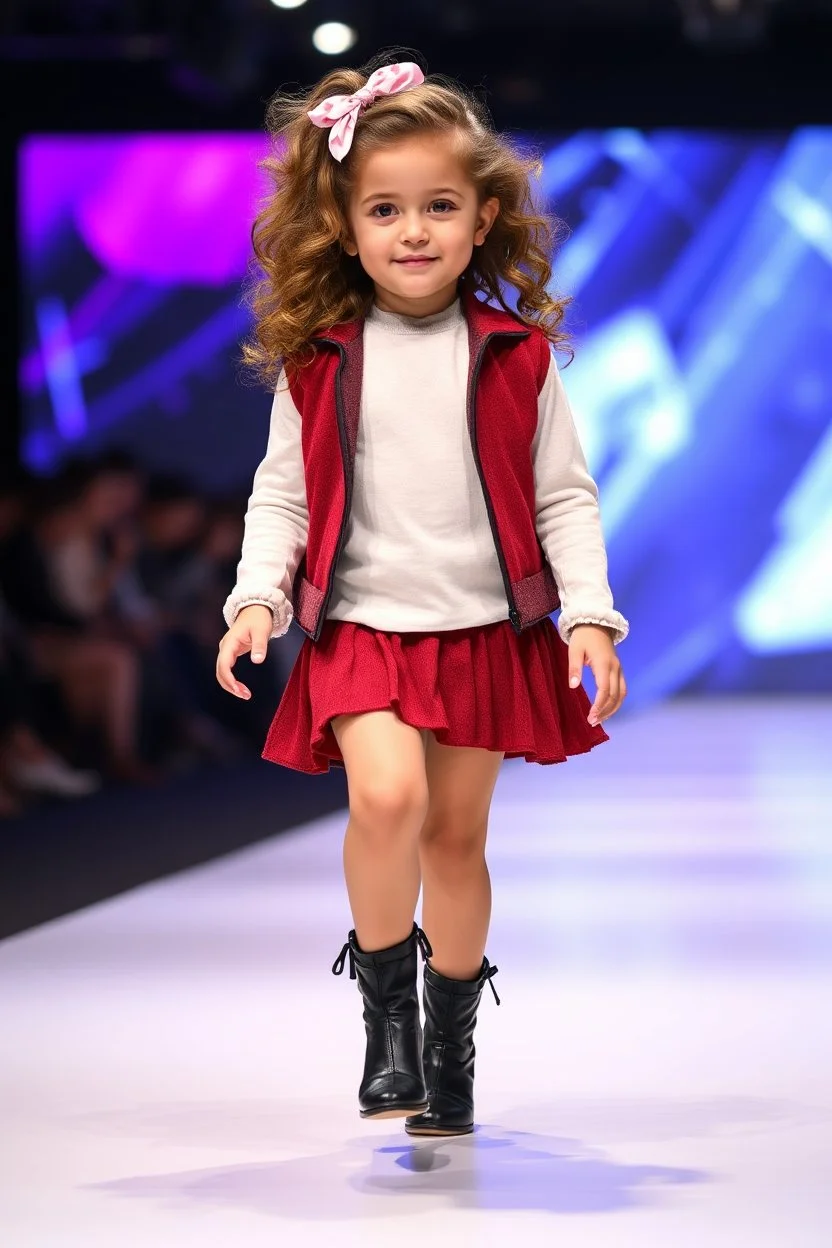 2 years old baby girl with clothing like fashion model with pretty high heels ,curvy wavy hair ,cat walks in runway