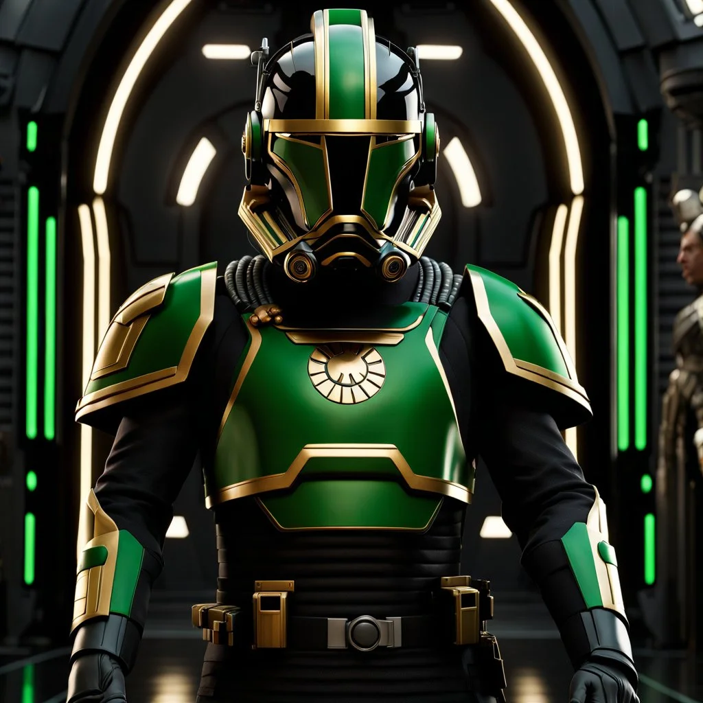 star wars bald male corellian pilot wearing black and gasoline green First Order special forces TIE pilot armored flightsuit and helmet with gold trim inside the jedi temple, centered head and shoulders portrait, hyperdetailed, dynamic lighting, hyperdetailed background, 8k resolution, volumetric lighting, light skin, fully symmetric details