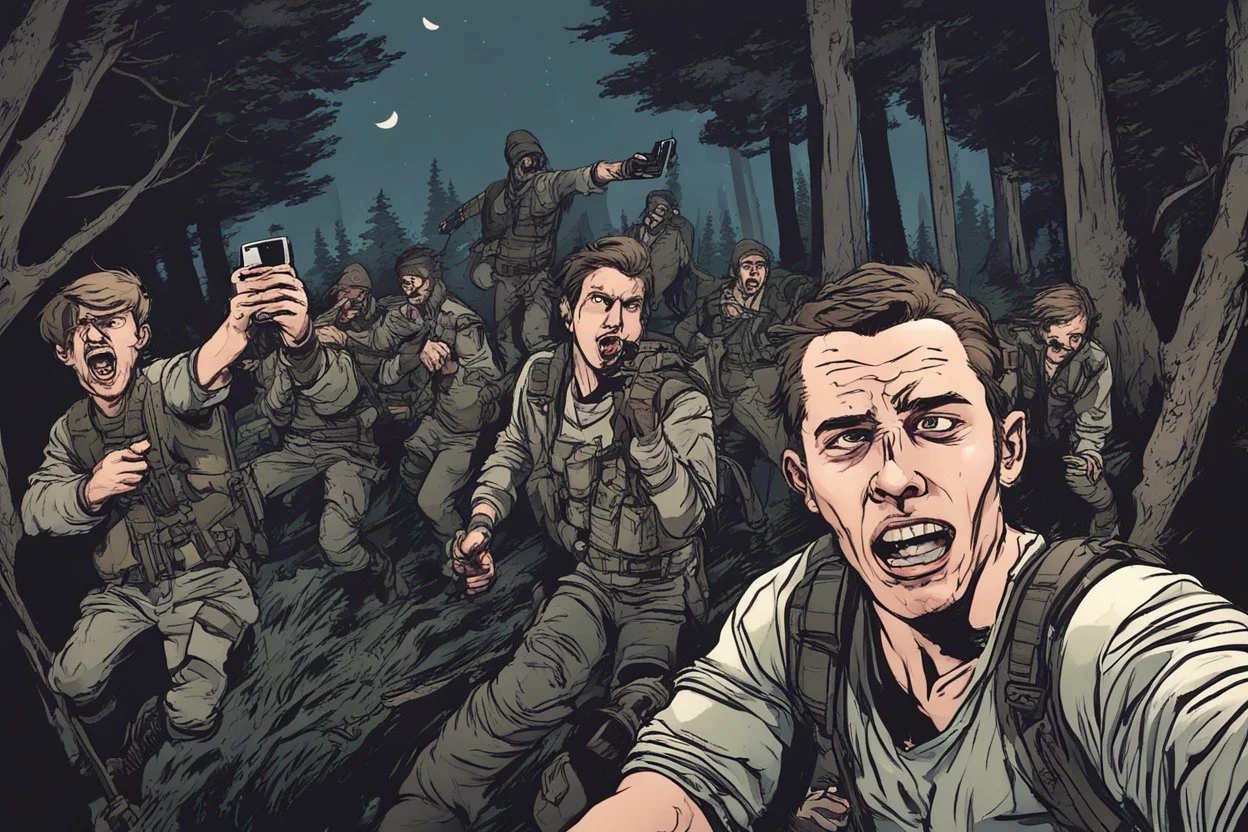 man taking a selfie while being chased by mercenaries in the woods at night