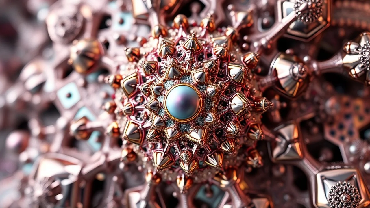 a mandelbulb 3d fractal made of metallic random color structures, pertty artistc background