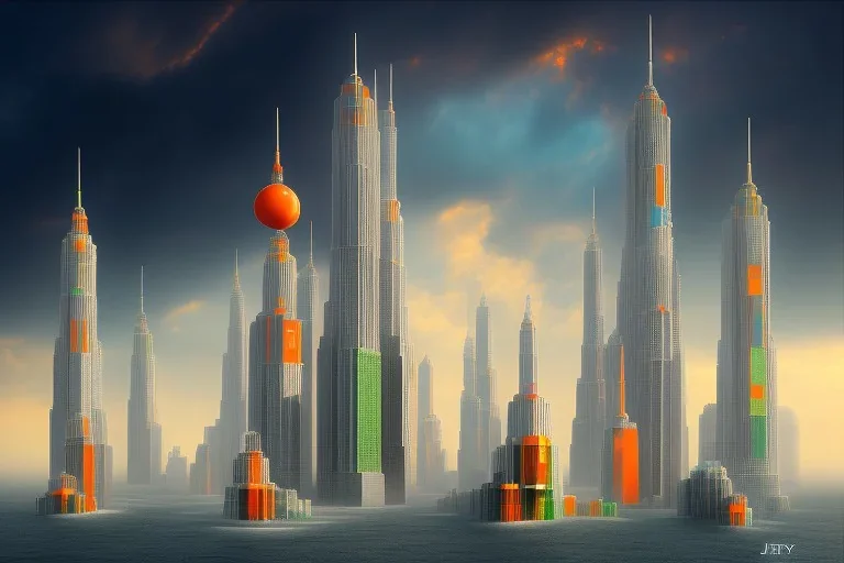 One mile tall plastic city Towers made out of stacked Rubik's Cubes, Orange, white, blue, green. Stormy sky