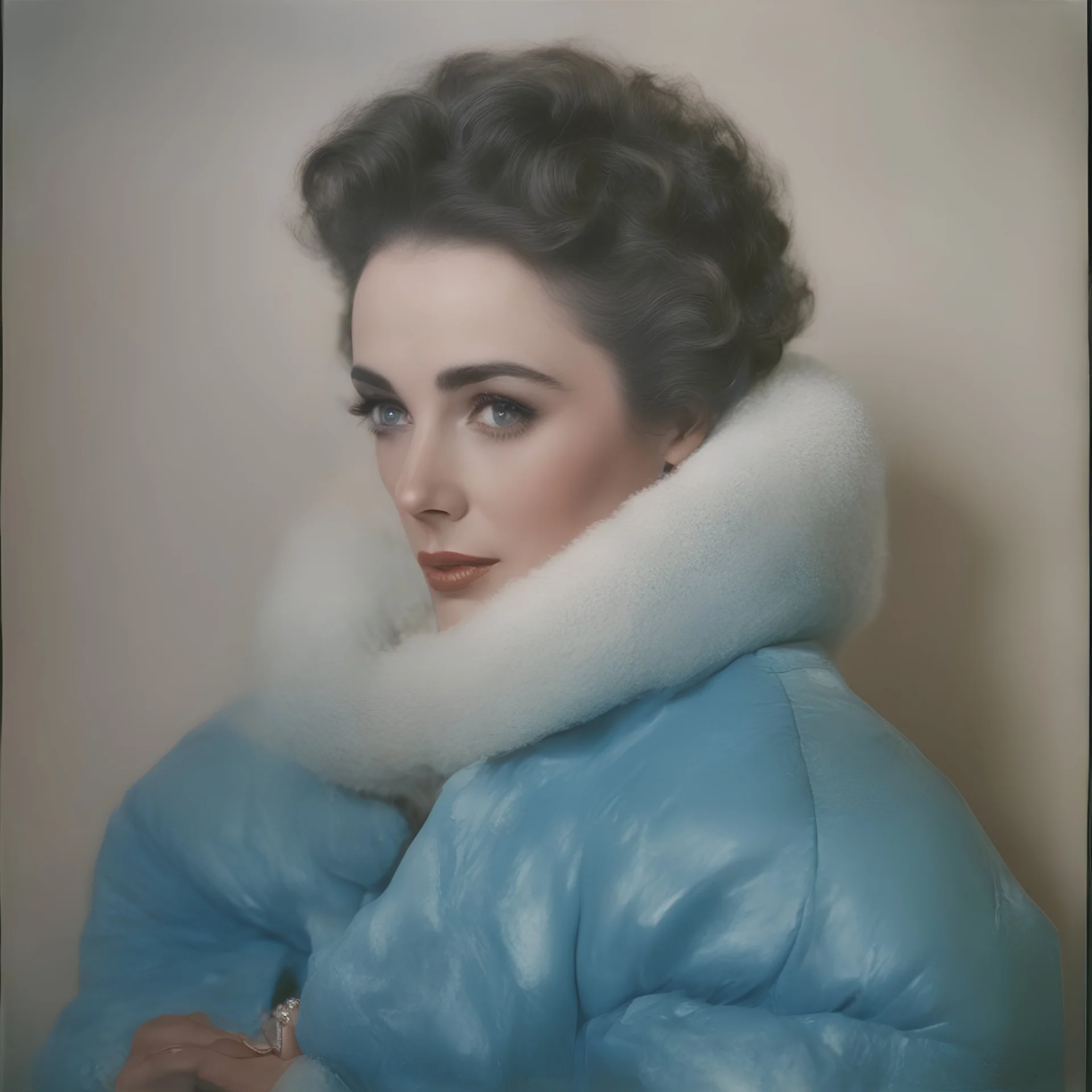 Actress elizabeth taylor, blue, autochrome, plastic puffy jacket