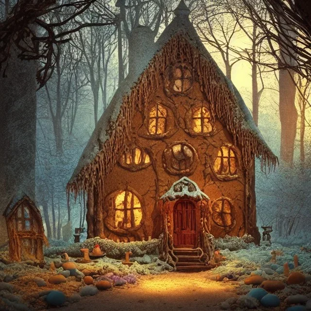 a witch house in the woods made of gingerbread, cerulean frosting, and pastel candies, 8k, flickering light, centered, high-quality, fine-detail, digital art, detailed matte, volumetric lighting, illustration, 3D octane render, brian froud, howard lyon, ben goossens, George Grie, alphonse mucha