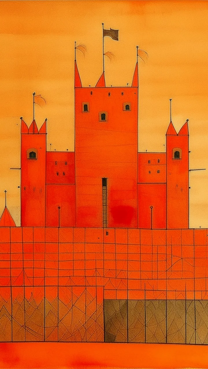 An orange colored fortress with swords painted by Paul Klee