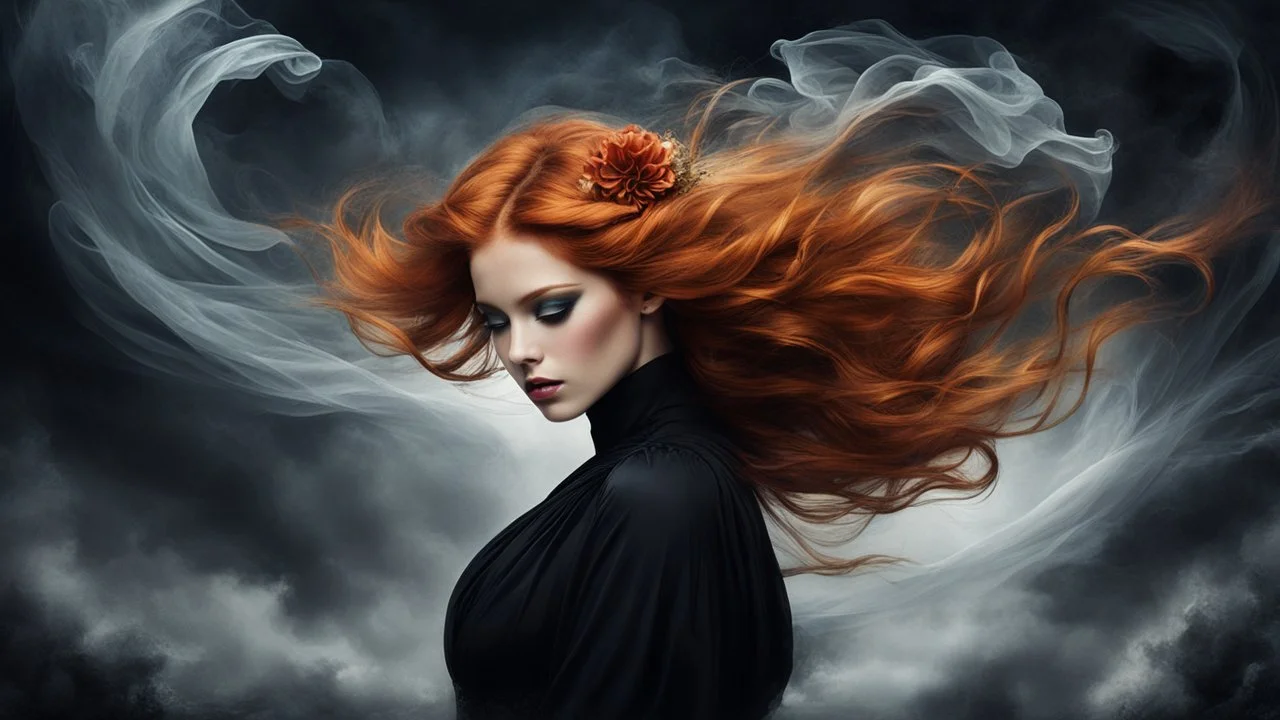 a girl with ginger hair and flower on her forehead, in the style of eerie dreamscapes, flowing fabrics, romantic windblowing, swirling hair, Windy, swirling dark style Dark, misty, fantasy Dark, dark scene, eerie, macabre, black smoke, ultraclear image"