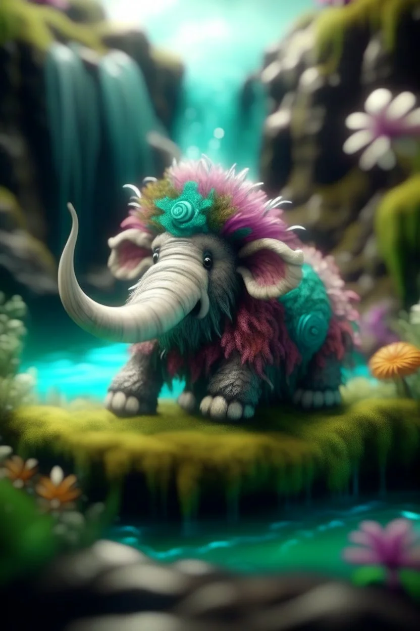 portrait of cute fluffy camo toy wolly mammoth jewelry in a water slide holding weird flowers in his trunk in the style of pixar, on a strange planet with weird colors and waterfalls, bokeh like f/0.8, tilt-shift lens 8k, high detail, smooth render, down-light, unreal engine, prize winning