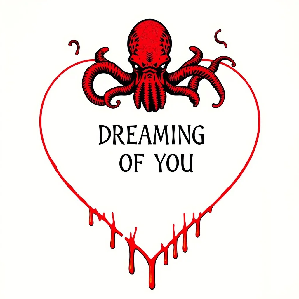 Valentine day card with an illustration of red Lovecraftian Cthulhu inside a heart shape over blank negative space, text "DREAMING OF YOU" in a bleeding font, professionally made luxury Halmark Card