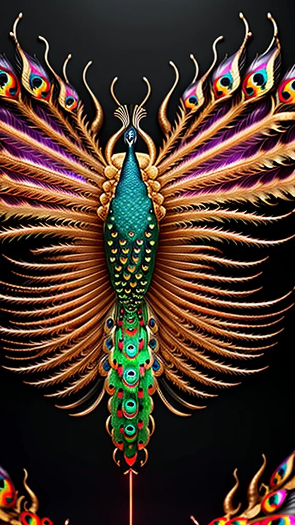 huge red gold black peacock, with clockwork gear on its back, symmetric, mandala, hyper realistic, futuristic, unreal engine5, octane render, 3D rendering, white background, digital art, in the style of Android Jones, mechanism, engine parts, vivid colours, side light, 16k